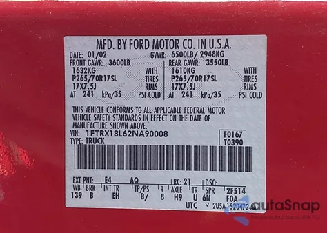 2002 Ford F-150 Lariat/Xl/Xlt из США, поврежденный, VIN 1FTRX18L62NA90008